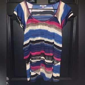 BOGO SALE Roz & Ali Blouse Size 1X Soft Pink Blue Brown Black Tan Stripe Pattern